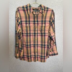 LRL 100% Linen Plaid Cottagecore Lightweight Button Down Top